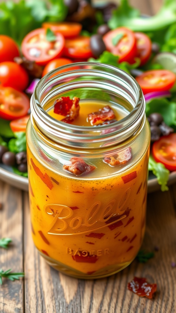 Homemade bacon vinegar dressing in a jar with salad in the background.